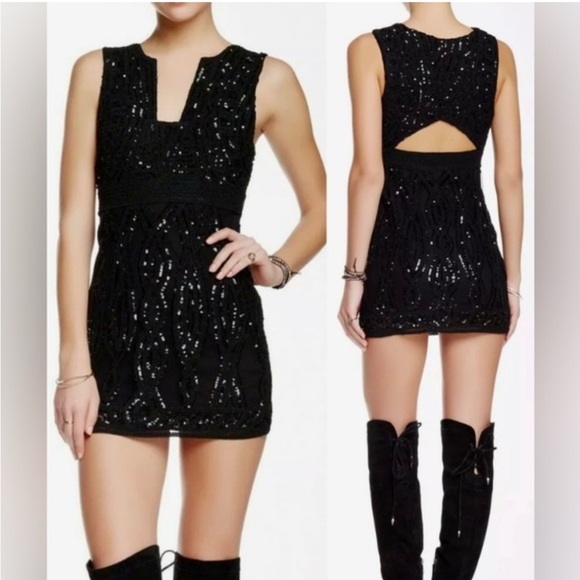 Free People | Black Snake Charmer Sequin Bodycon Dress | Size 0 - Picture 1 of 13